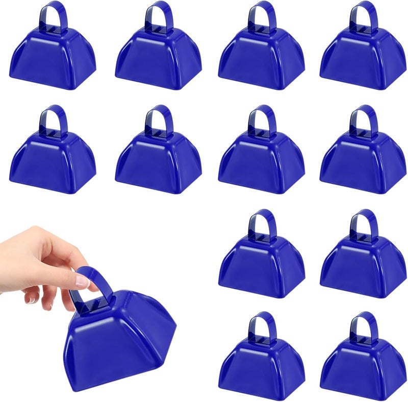 HEYLEAYAR 3Inch Cowbells for Sporting Events,12Pcs Metal Cow Bells Bulk Loud Noise Makers Cow Bell with Handle for Cheering Football Games Spirit Marathon Weddings Party Noisemakers, Blue - Image 1